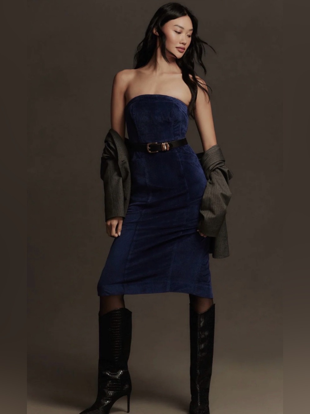 Pilcro Strapless Corduroy Slim Midi Dress in Blue Size 2